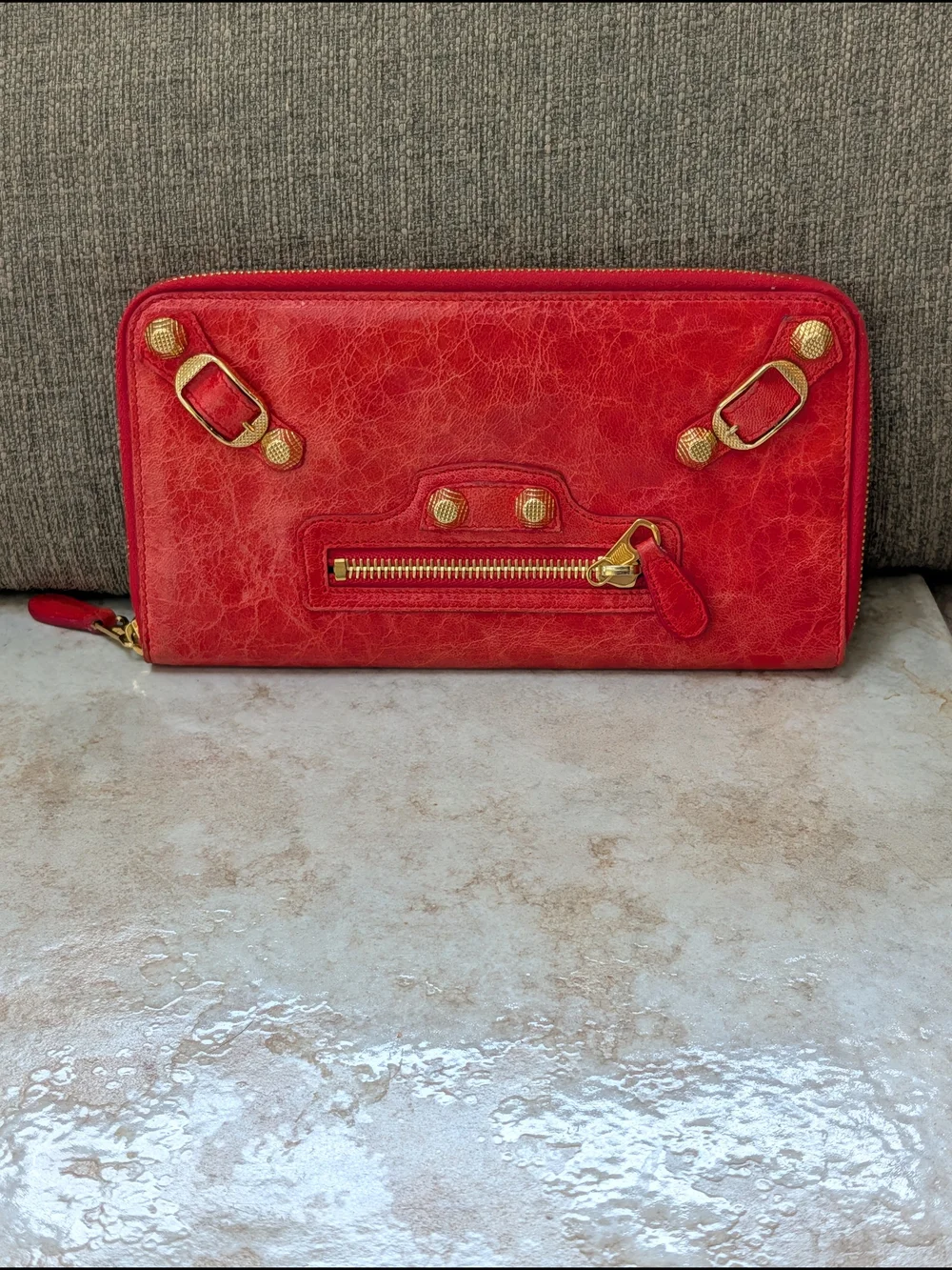 Balenciaga Red Zip-Around Leather Wallet with Gold Hardware w COA